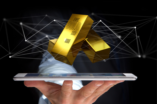 View of a Gold bullion shinning in front of connection - 3d render